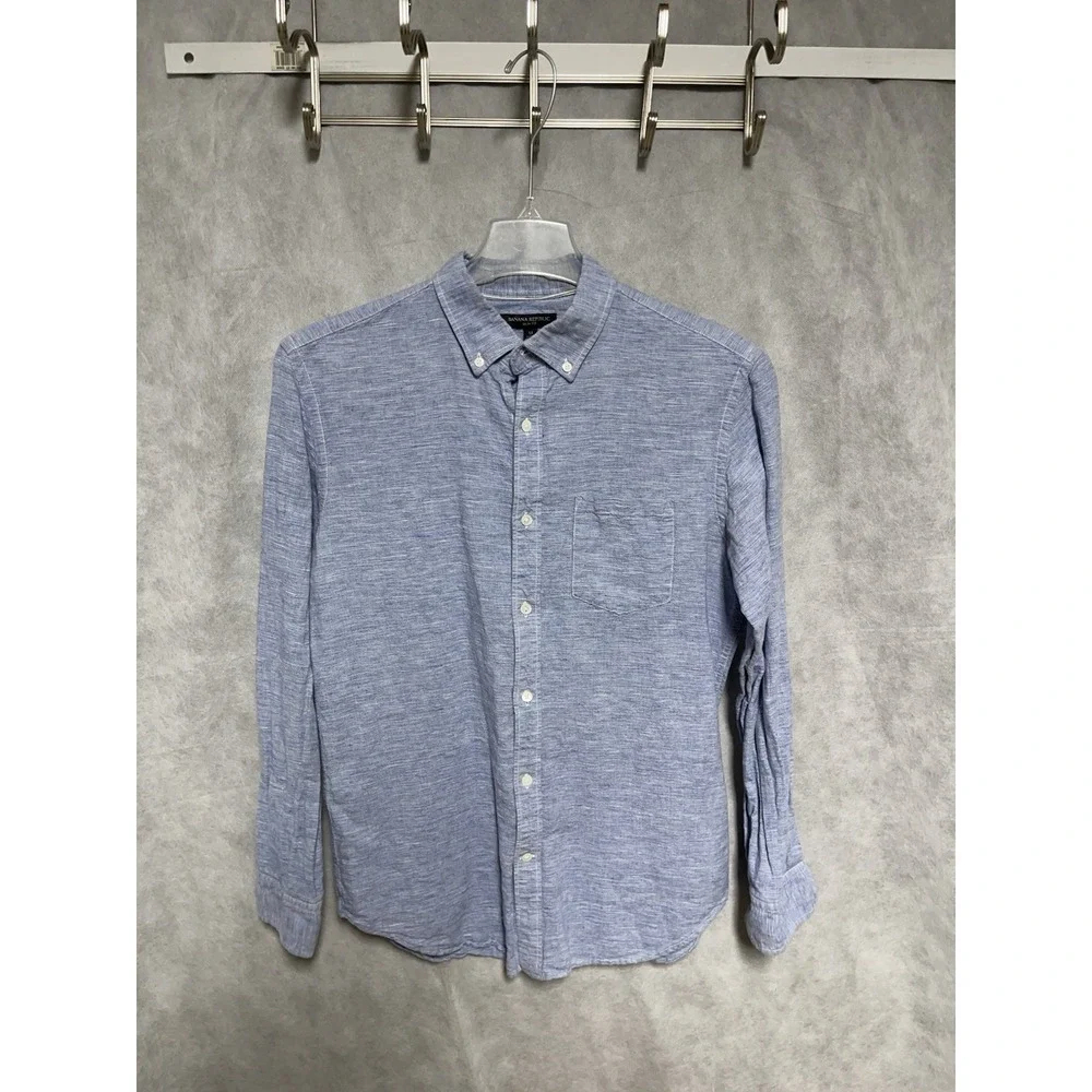 Banana Republic Shirt Men M Blue Linen Cotton Slim Button Up‎ Academia Vacation